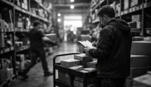 Warehouse supervisor reviews outbound orders from a picking cart inside a busy fulfillment aisle.
