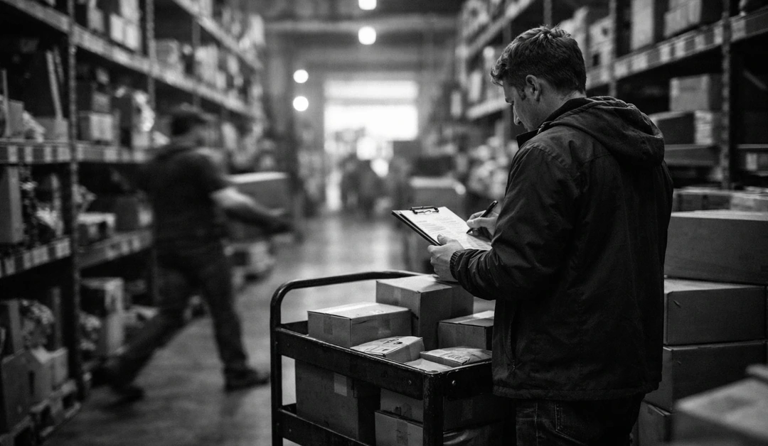 A warehouse lead reviews outbound orders as fulfillment activity moves through the aisle behind him.
