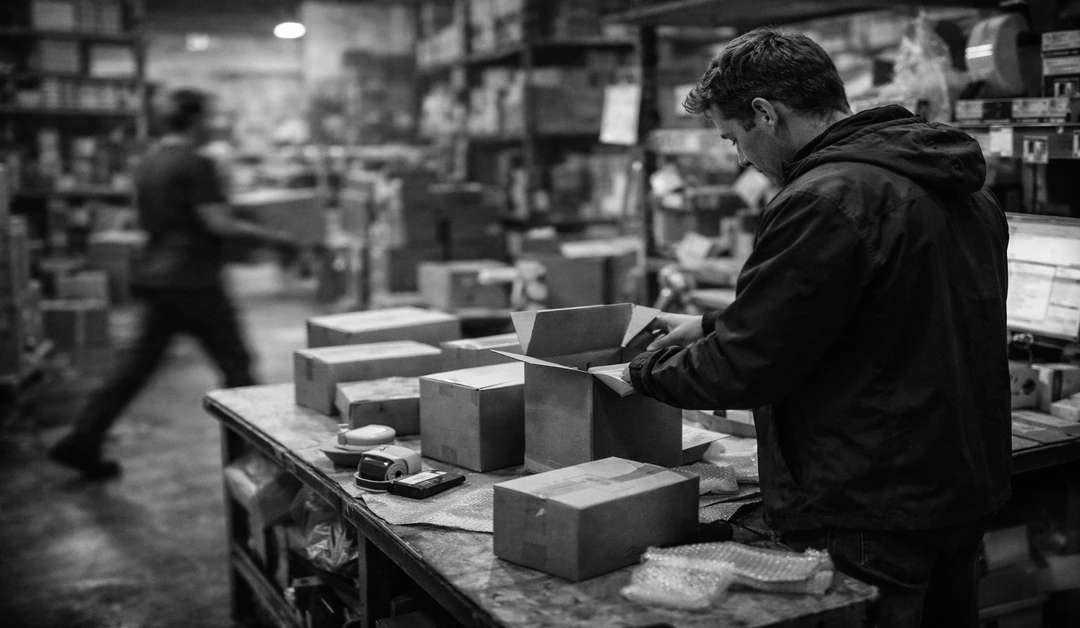 Warehouse operator reviews open cartons at a packing station while fulfillment activity continues in the background.