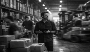 Fulfillment operations lead stands in a busy ecommerce warehouse as workers and equipment move around him.