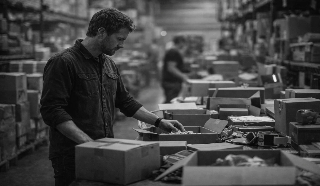Fulfillment team lead reviews open cartons at a busy packing station inside a high-growth ecommerce warehouse.
