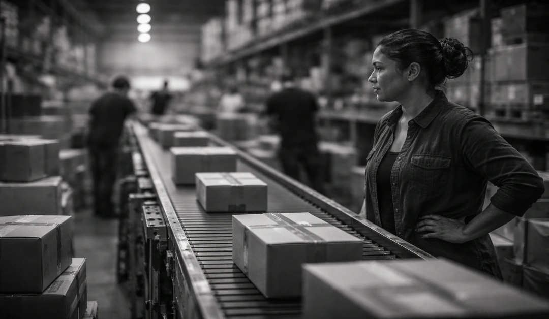 Female fulfillment supervisor monitors parcels moving along a conveyor inside a busy ecommerce warehouse.