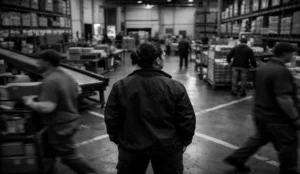 Fulfillment operations lead stands at a warehouse workflow crossroads while workers move through different activity lanes around them.