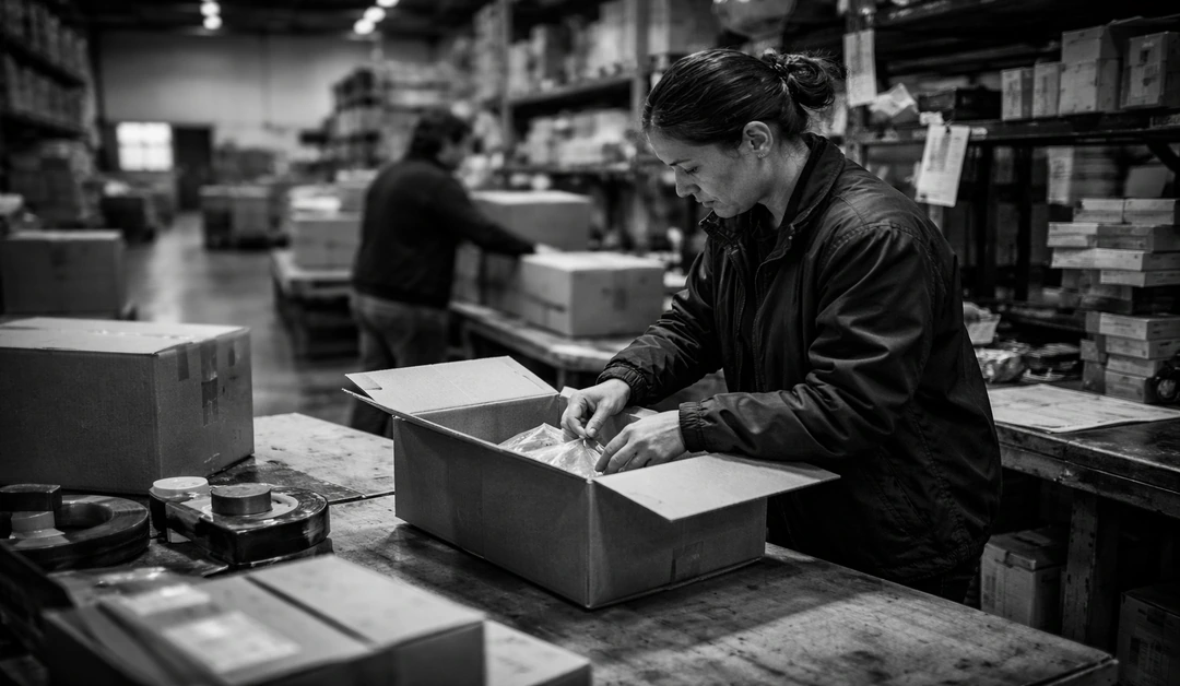 Warehouse operator packs an outbound order at a busy packing station inside a fulfillment center.