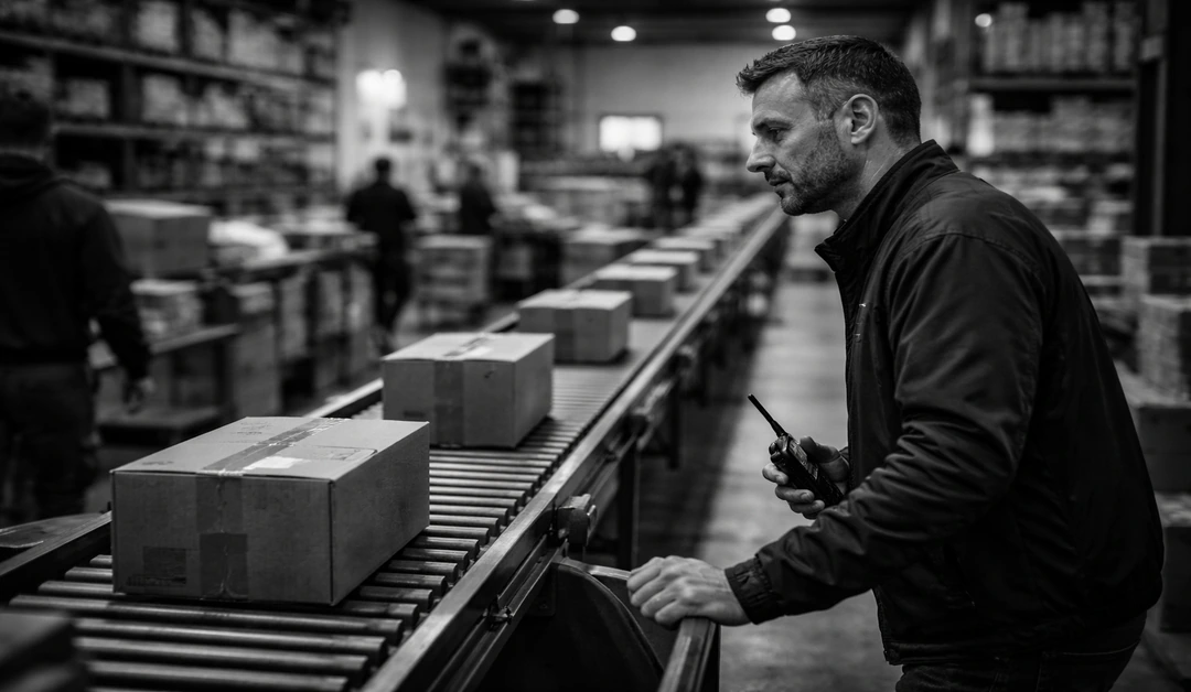 Fulfillment supervisor monitors parcels moving along a conveyor inside a busy warehouse.