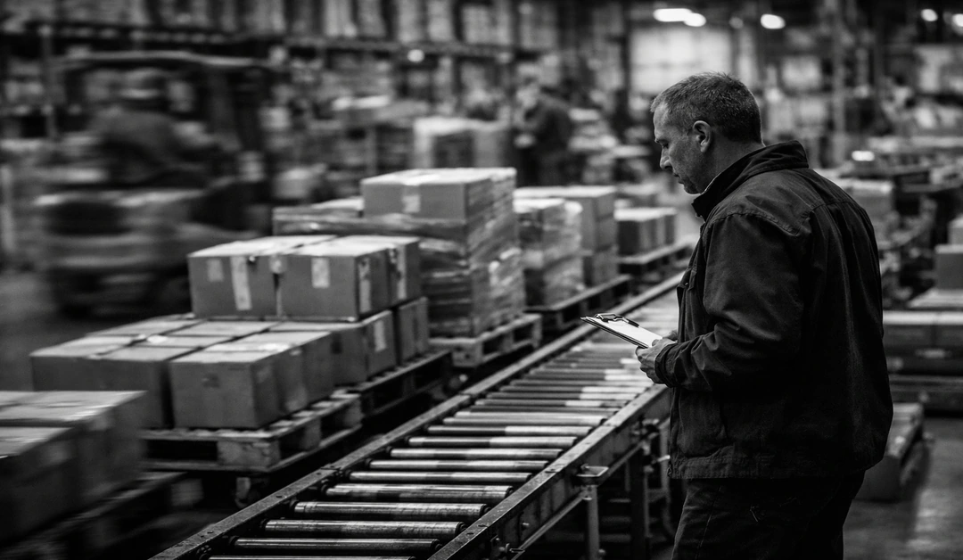 A fulfillment lead monitors package flow and outbound activity in a fast-moving warehouse environment.