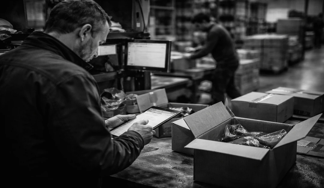 Fulfillment operator reviews packing details at a warehouse station with open cartons and workflow activity nearby.
