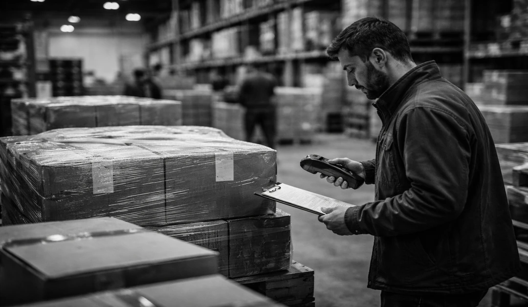Warehouse operator scans a pallet of outbound boxes while reviewing shipment details in a fulfillment aisle.