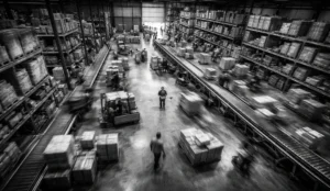 High-angle black-and-white view of a busy warehouse floor with workers and conveyors in motion around a central operations lead.