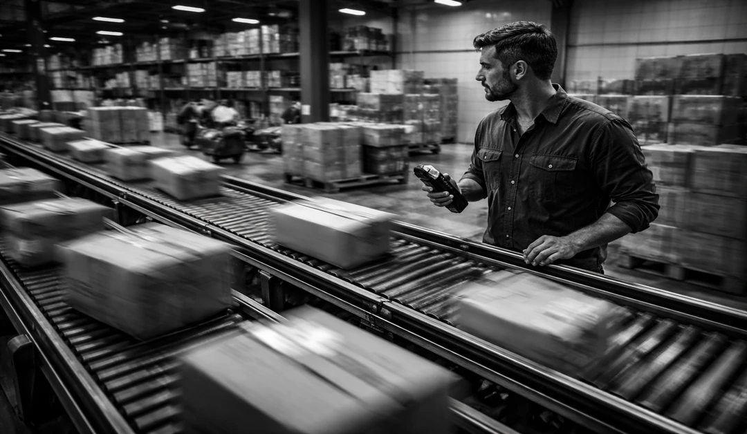 Black-and-white warehouse sortation scene with packages moving along conveyors as an operator monitors flow with a handheld scanner.