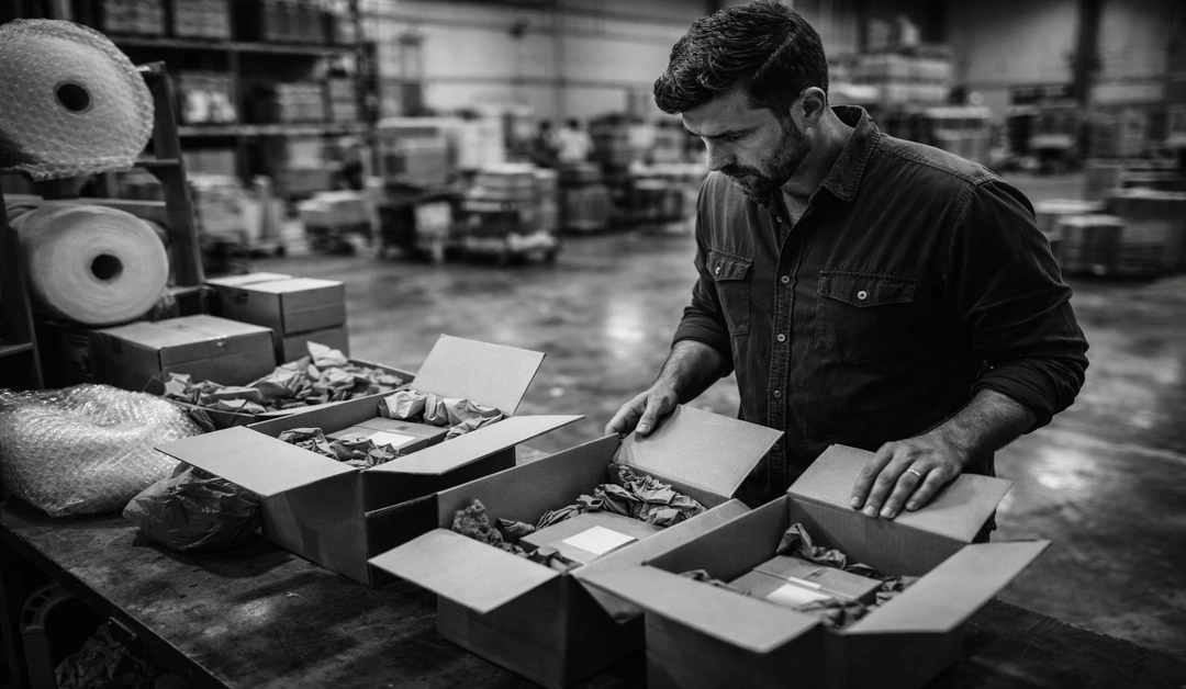 Black-and-white packing station scene with a warehouse lead comparing open cartons and partially packed orders on a workbench.