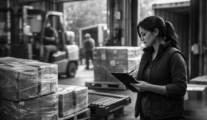 Female warehouse supervisor reviews outbound pallets on a clipboard at an active dock door while forklift movement blurs in the background.