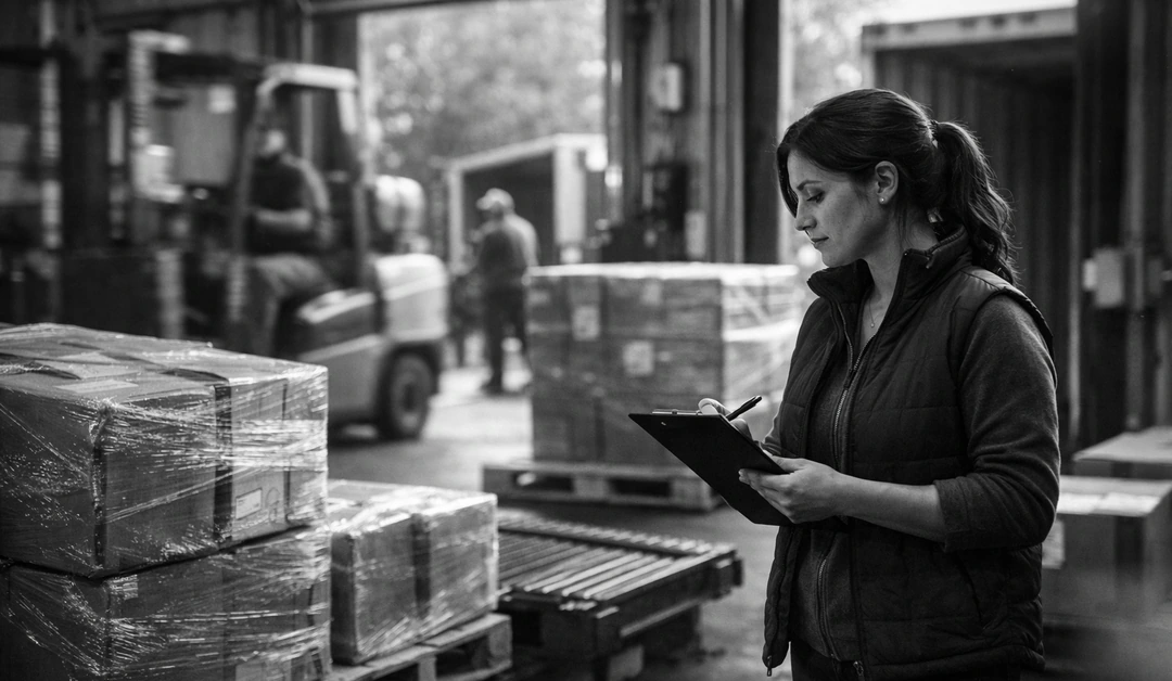 A warehouse supervisor checks outbound shipments at the dock as fulfillment activity moves around her.