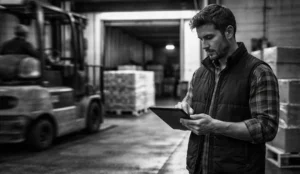 Male fulfillment supervisor checks outbound shipment details on a tablet near a warehouse dock while forklift activity moves in the background.