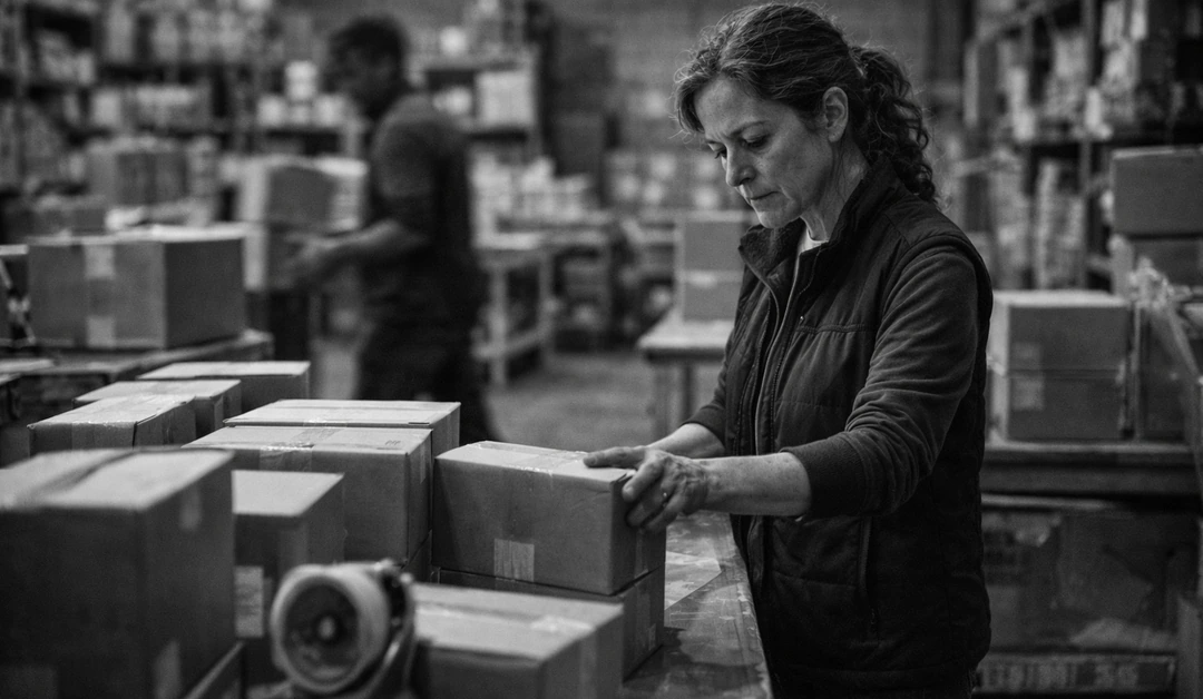Female fulfillment team lead reviews packed boxes at a warehouse packing station while another worker moves in the background.