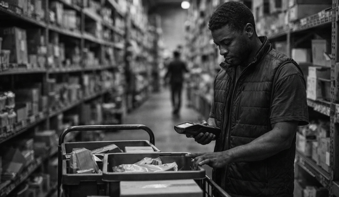 Warehouse team lead scans items from a picking cart in a narrow fulfillment aisle lined with inventory shelves.